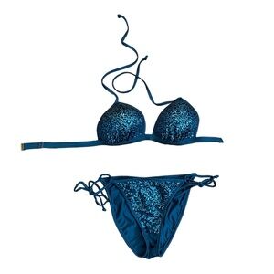 Venus Deep Teal Sequin Bikini DD Top Size 10 adjustable bottom